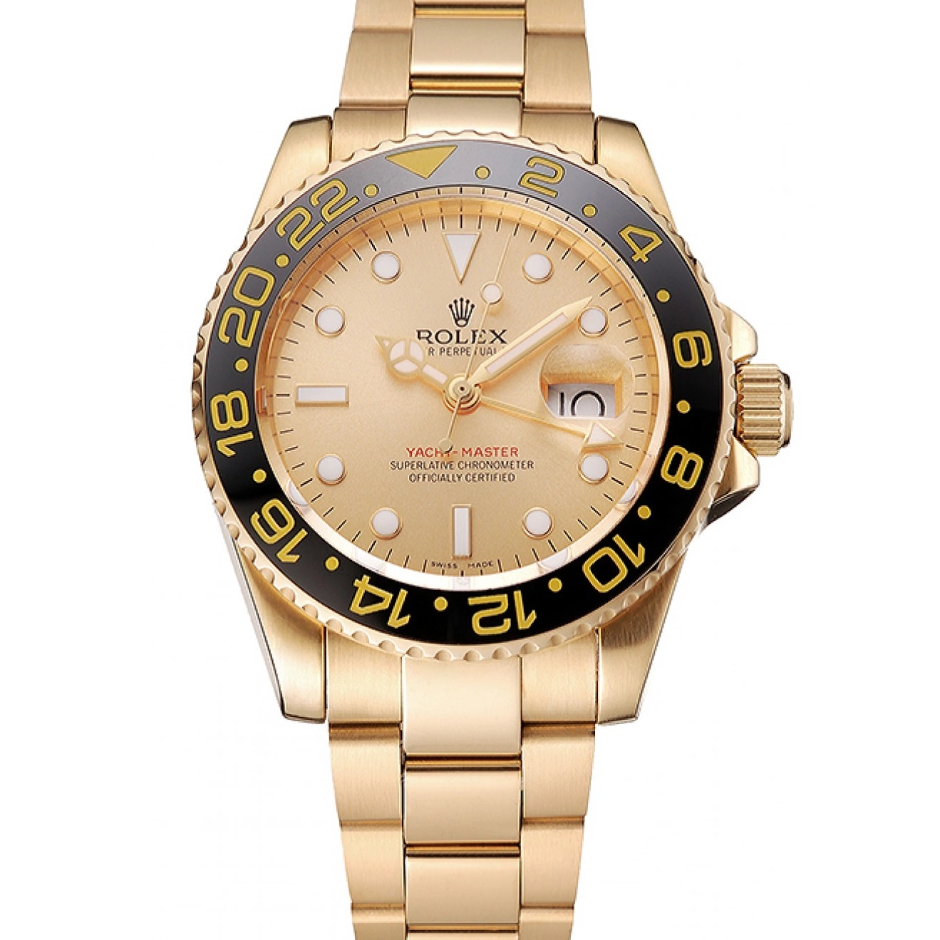 Best AAA Replica Sites II Gold Black Bezel Master Swiss Bracelet Gold Dial 1453749 GMT And Rolex Case 0711
